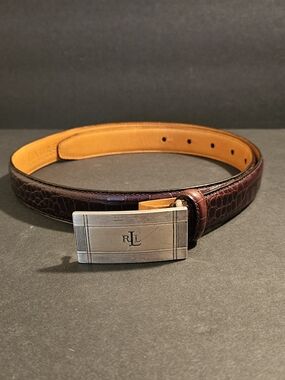 Ralph Lauren Brown Croc-Embossed Leather Belt with Silver RLL Buckle